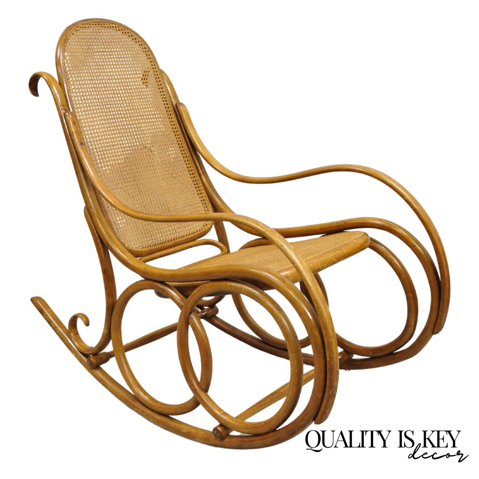 Vintage Michael Thonet Style Oak Cane Rattan Bentwood Rocking Chair Rocker