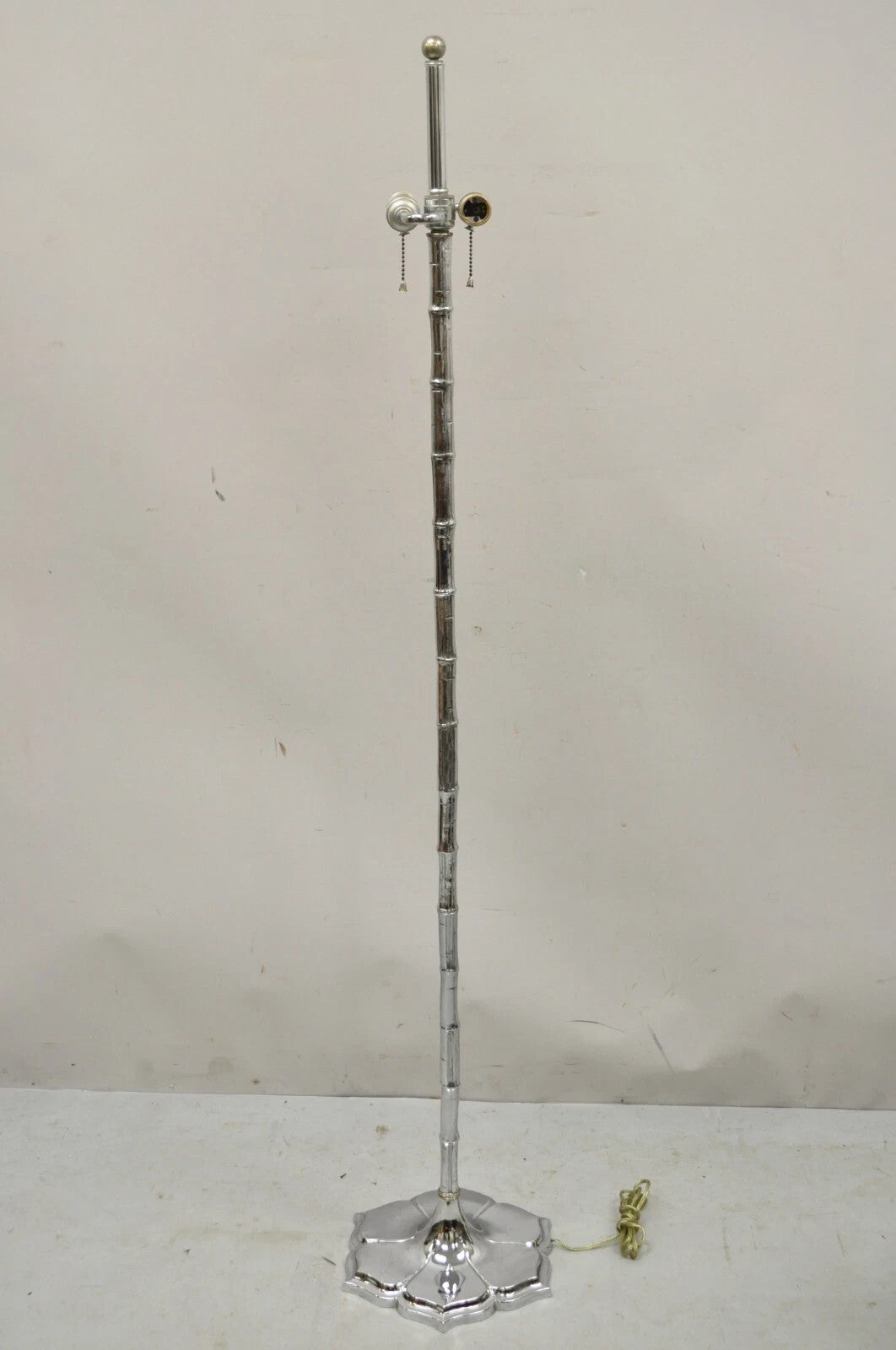 Vintage Hollywood Regency Faux Bois Bamboo Chrome Lotus Base Pole Floor Lamp