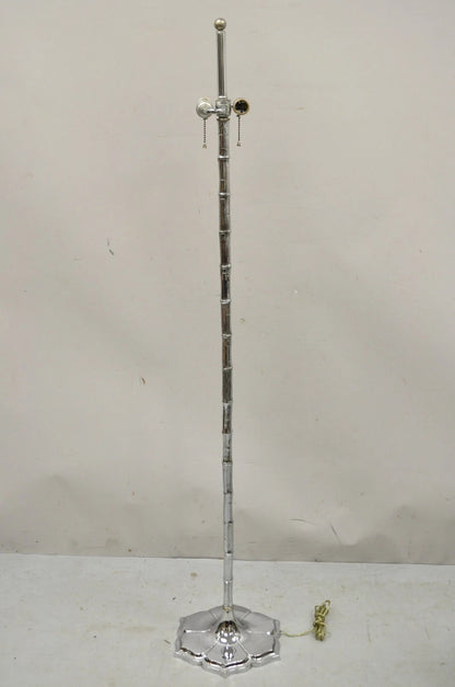 Vintage Hollywood Regency Faux Bois Bamboo Chrome Lotus Base Pole Floor Lamp