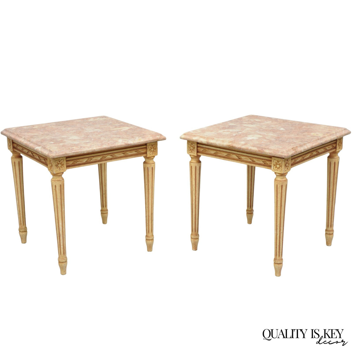 Vintage French Louis XVI Style Pink Marble Top Low Drinks Side Tables - a Pair