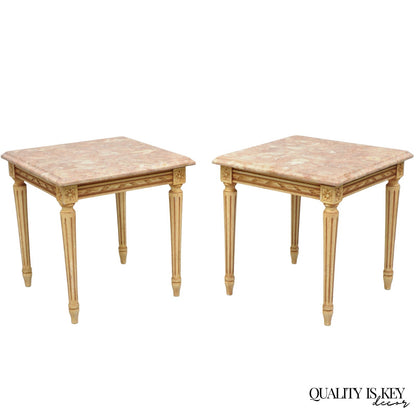 Vintage French Louis XVI Style Pink Marble Top Low Drinks Side Tables - a Pair