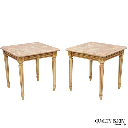 Vintage French Louis XVI Style Pink Marble Top Low Drinks Side Tables - a Pair