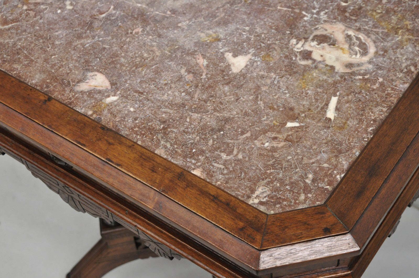 Antique Aesthetic Movement Victorian Carved Walnut Marble Top Parlor Side Table