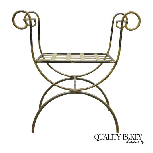 Vintage Neoclassical Style Curule Savonarola Wrought Iron Bench