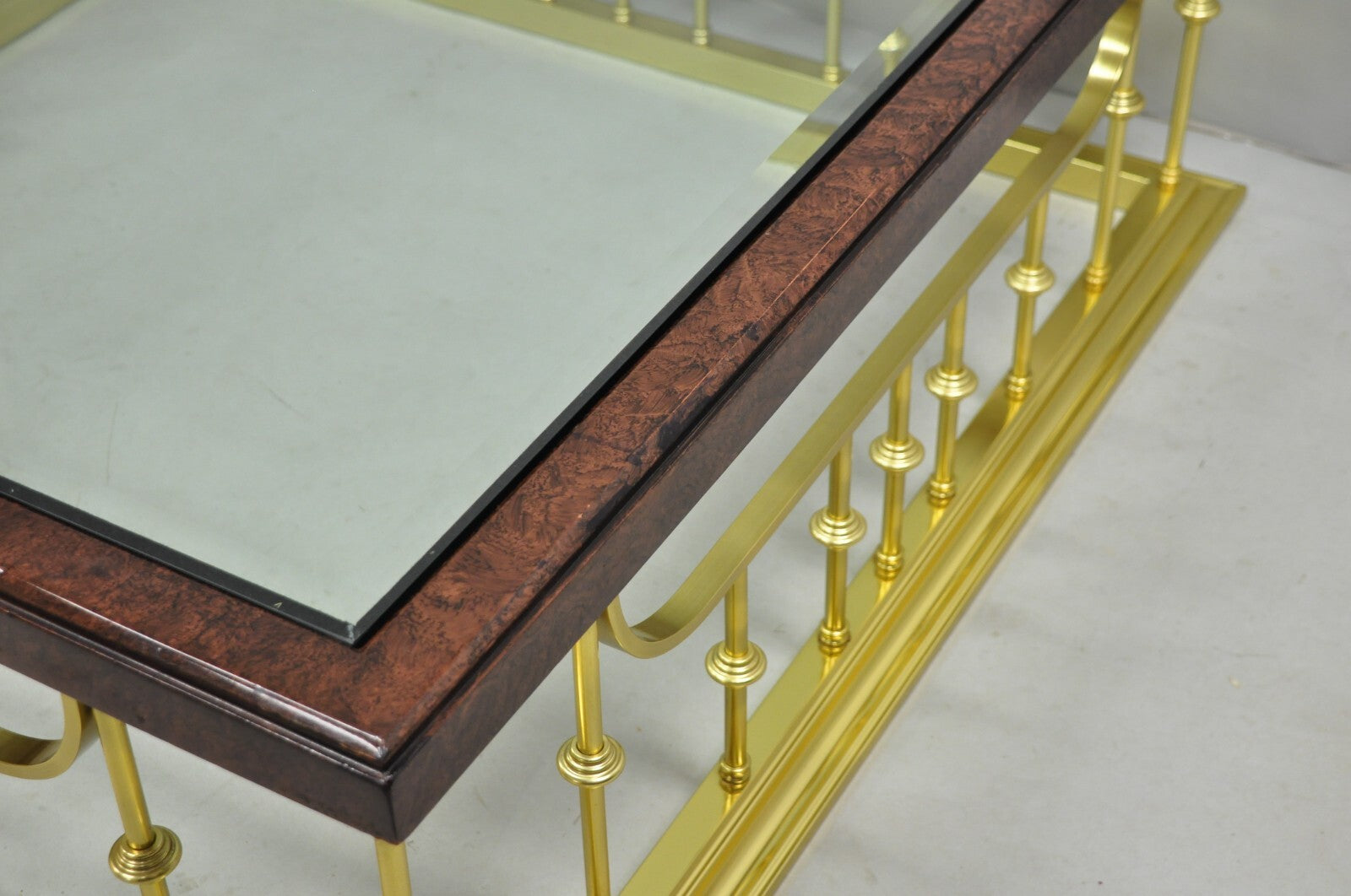 Vintage Erwin Lambeth Burl Walnut Brass Fireplace Fender 42" Square Coffee Table