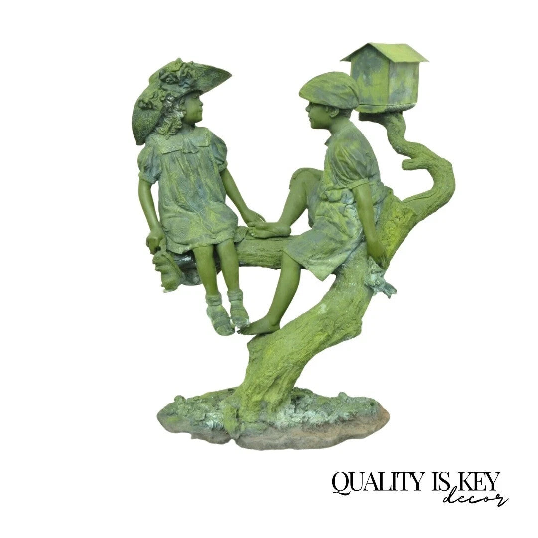 Jim Davidson Large Bronze Verdigris Mailbox Garden Statue Boy and Girl on Tree