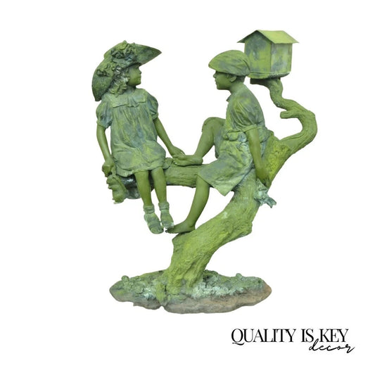 Jim Davidson Large Bronze Verdigris Mailbox Garden Statue Boy and Girl on Tree