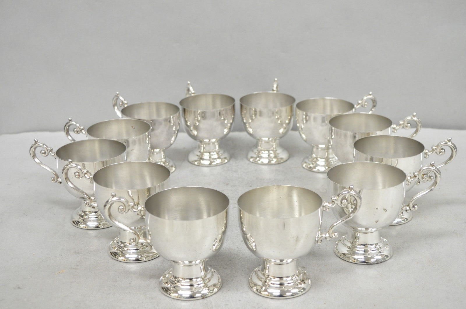 Vintage Large Silver Plated Pedestal Punch Bowl Set w/ 12 Cups - 14 Pc Set