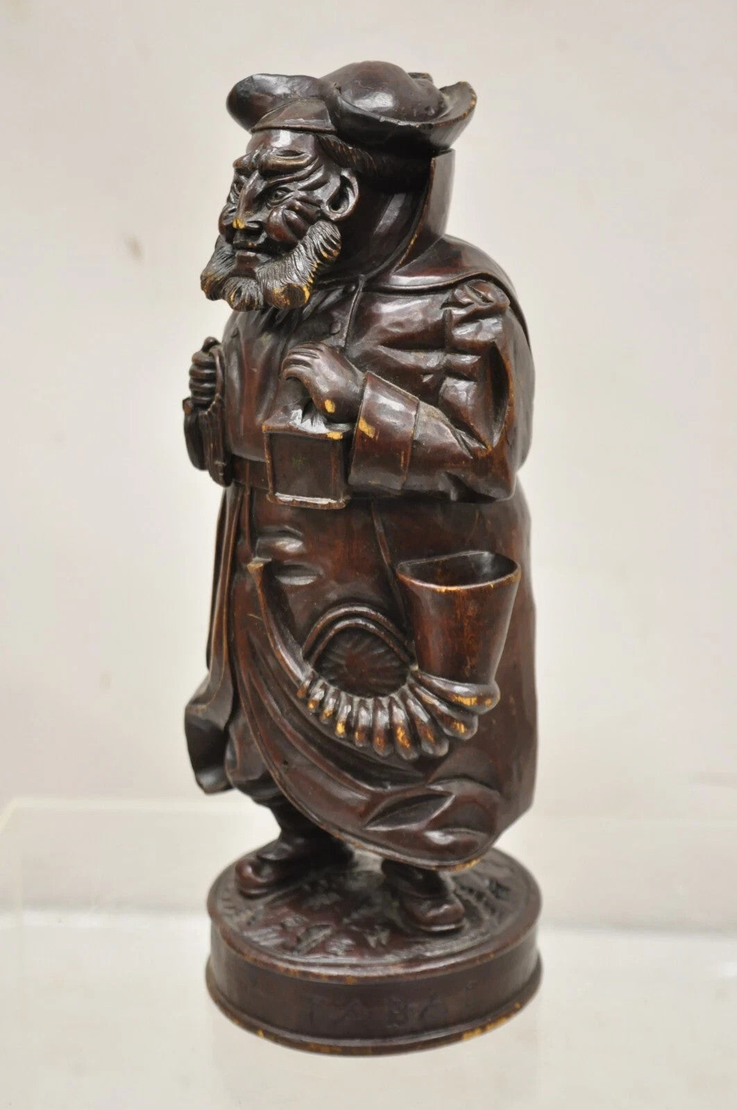 19th C. Black Forest Figural Wood Carved Night Watchman Lidded Tobacco Jar Box