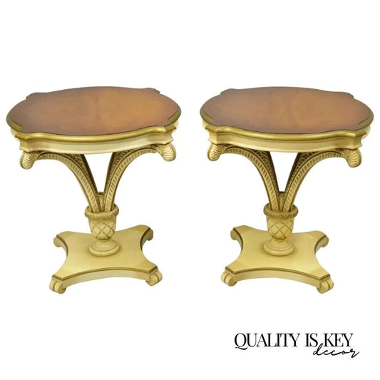 Grosfeld House Plume Carved Feather Pedestal Regency Side Tables - a Pair