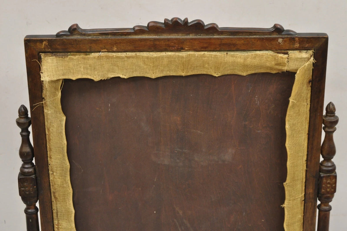 Antique French Victorian Carved Walnut and Needlepoint Fireplace Screen