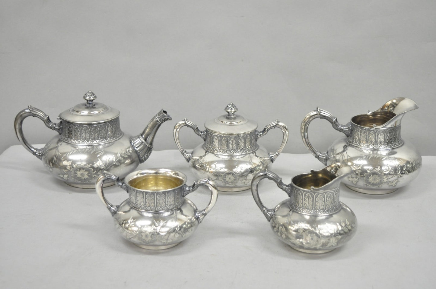 Antique James W Tufts 1948 Silver Plated Art Nouveau Tea Set - 5 Pc Set
