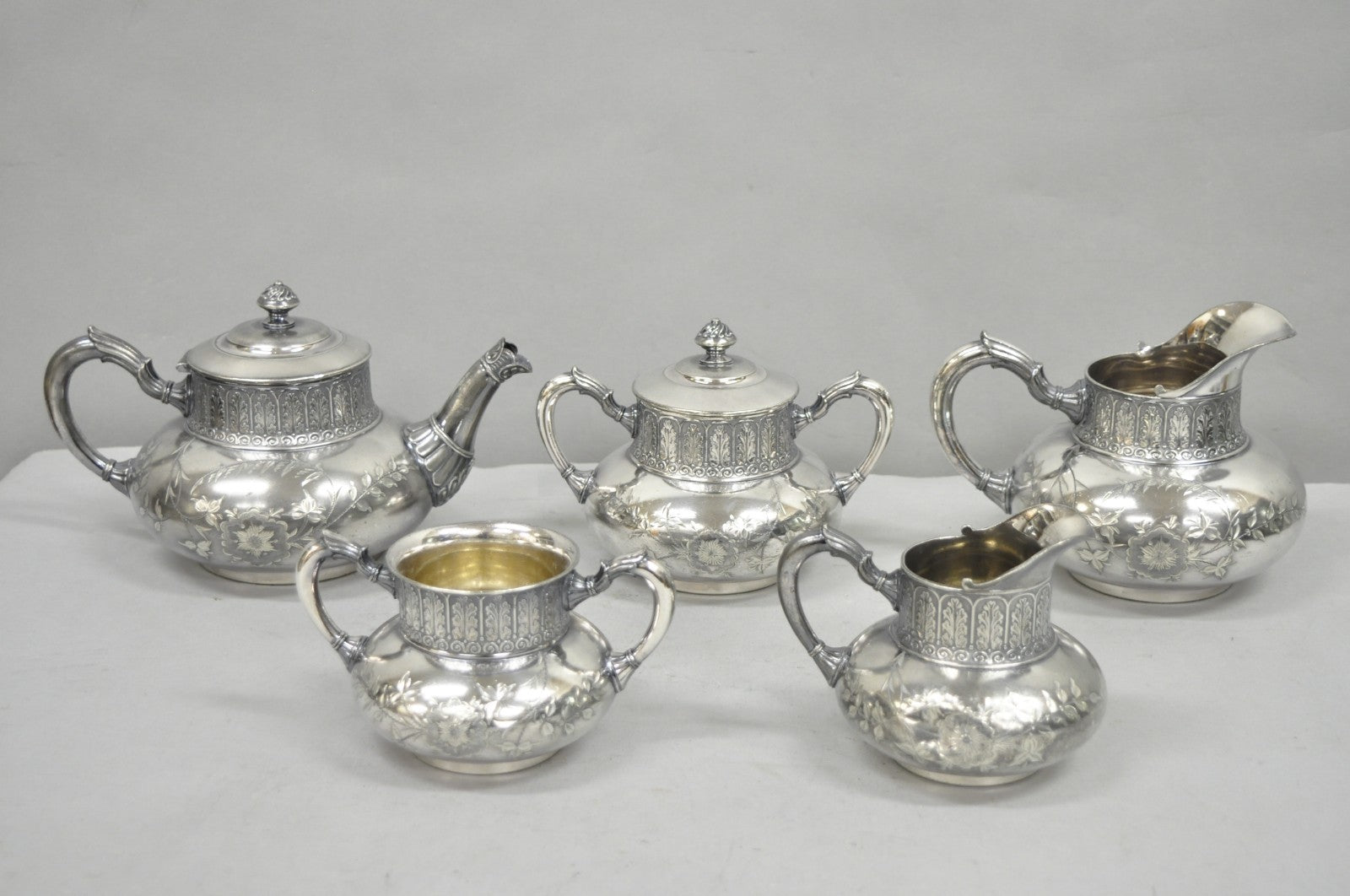 Antique James W Tufts 1948 Silver Plated Art Nouveau Tea Set - 5 Pc Set