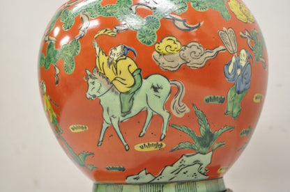 Vintage Chinoiserie Bulbous Porcelain Vase Oriental Figural Painted Table Lamp