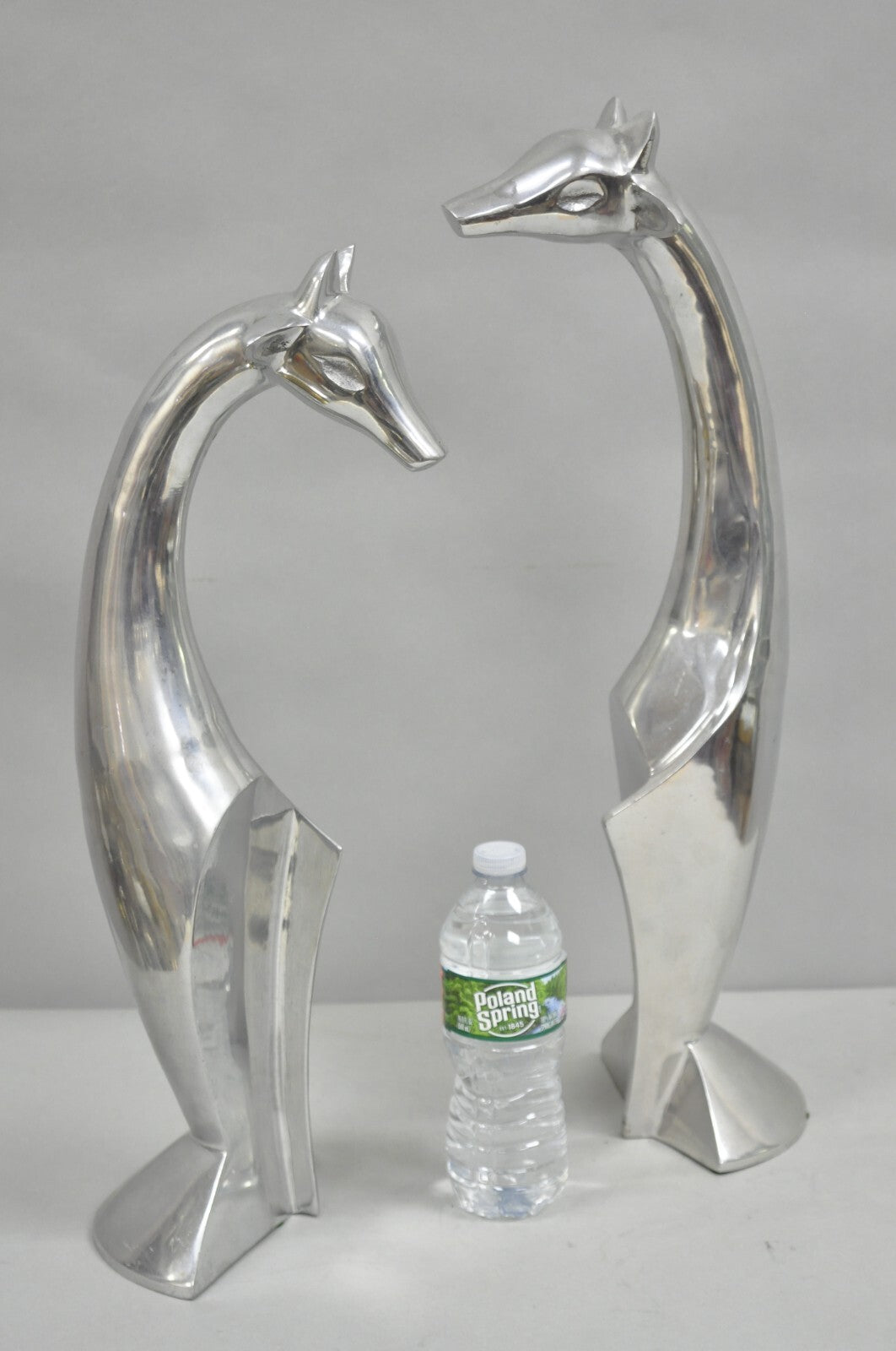 Vintage Mid Century Modern Cast Aluminum Silver Giraffe Sculptures - a Pair