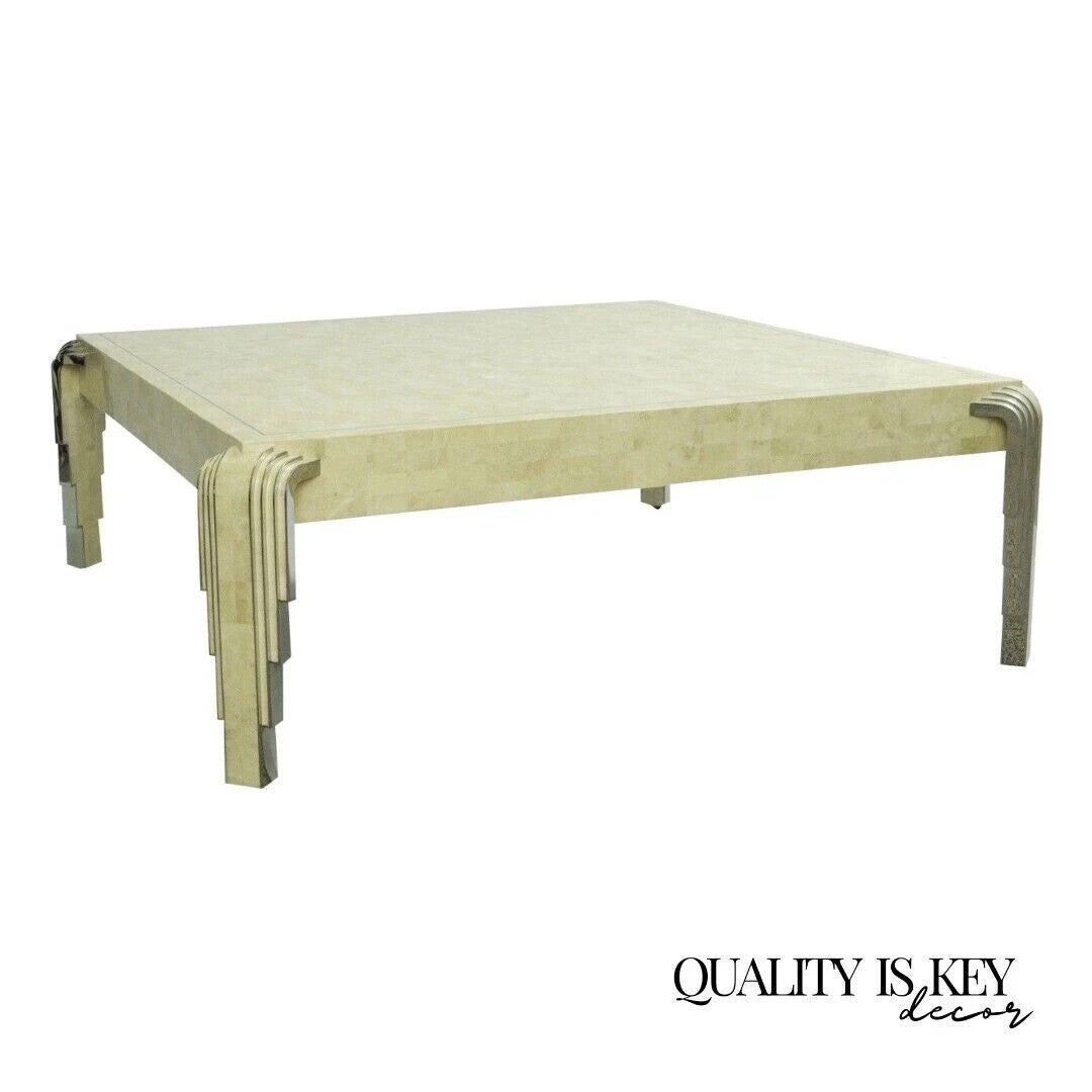 Tavola by Oggetti Art Deco Form Tessellated Stone Chrome 48" Square Coffee Table