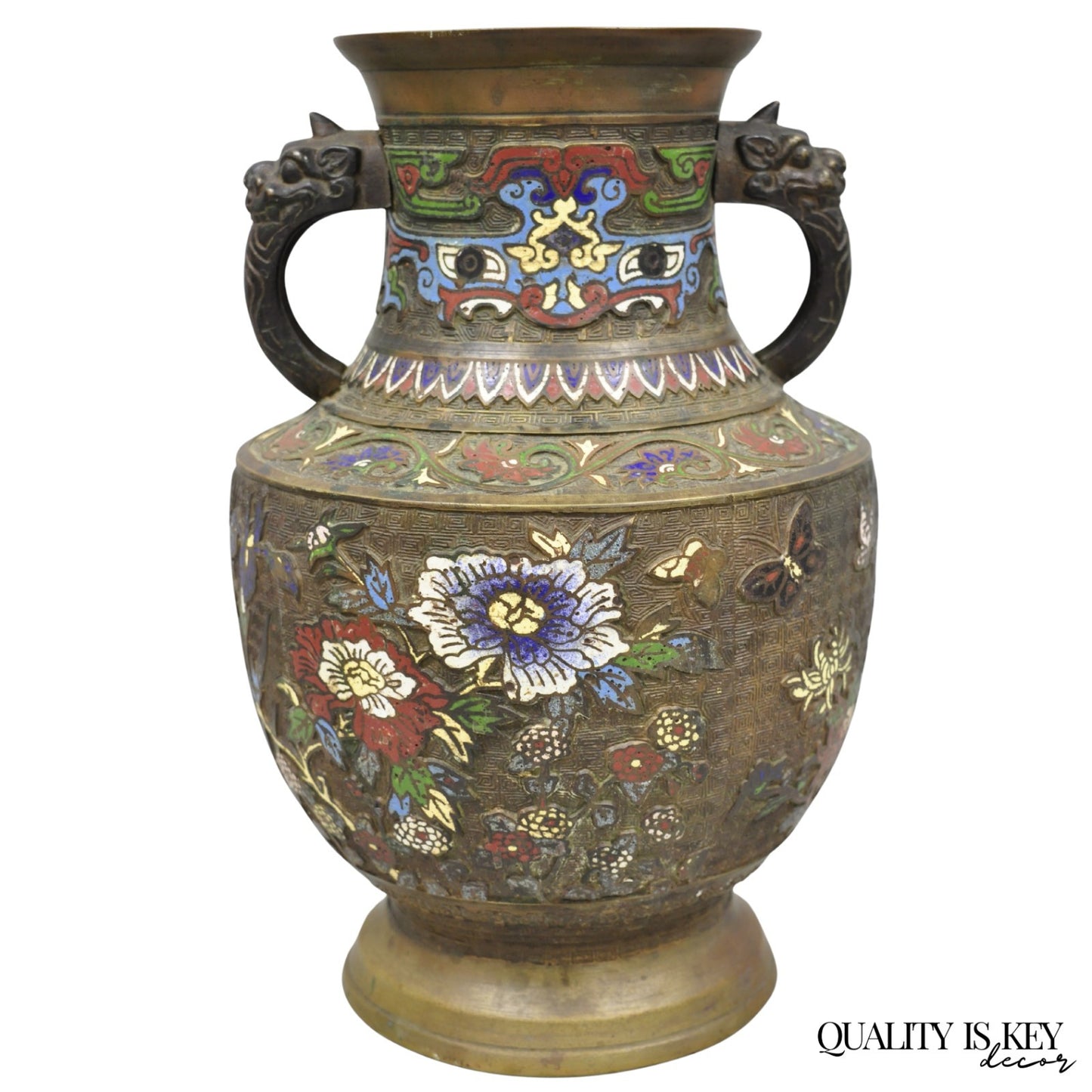 Antique Japanese Champleve Cloisonne Enamel Bronze Twin Handle 14" Vessel Vase