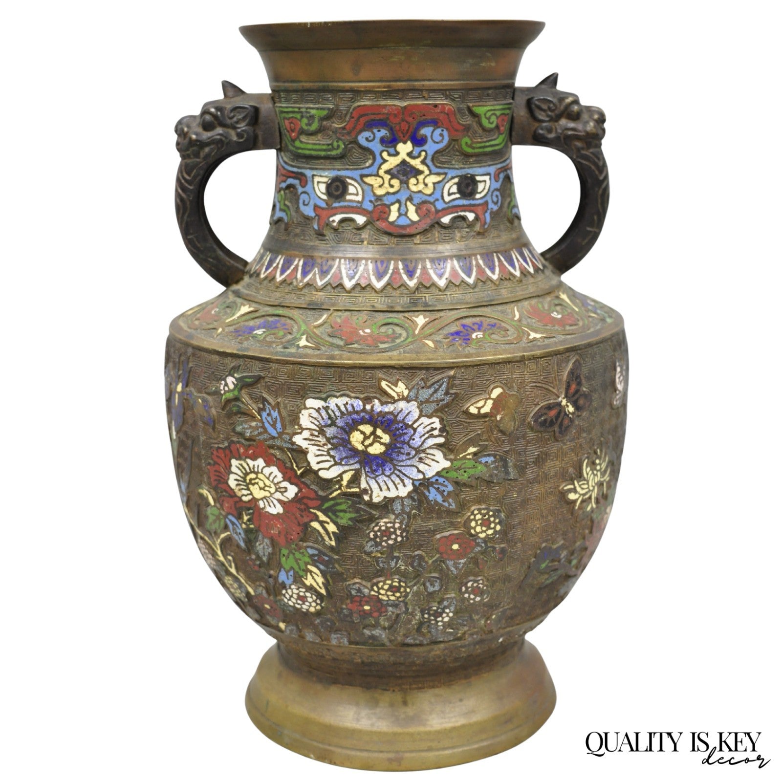 Antique Japanese Champleve Cloisonne Enamel Bronze Twin Handle 14" Vessel Vase