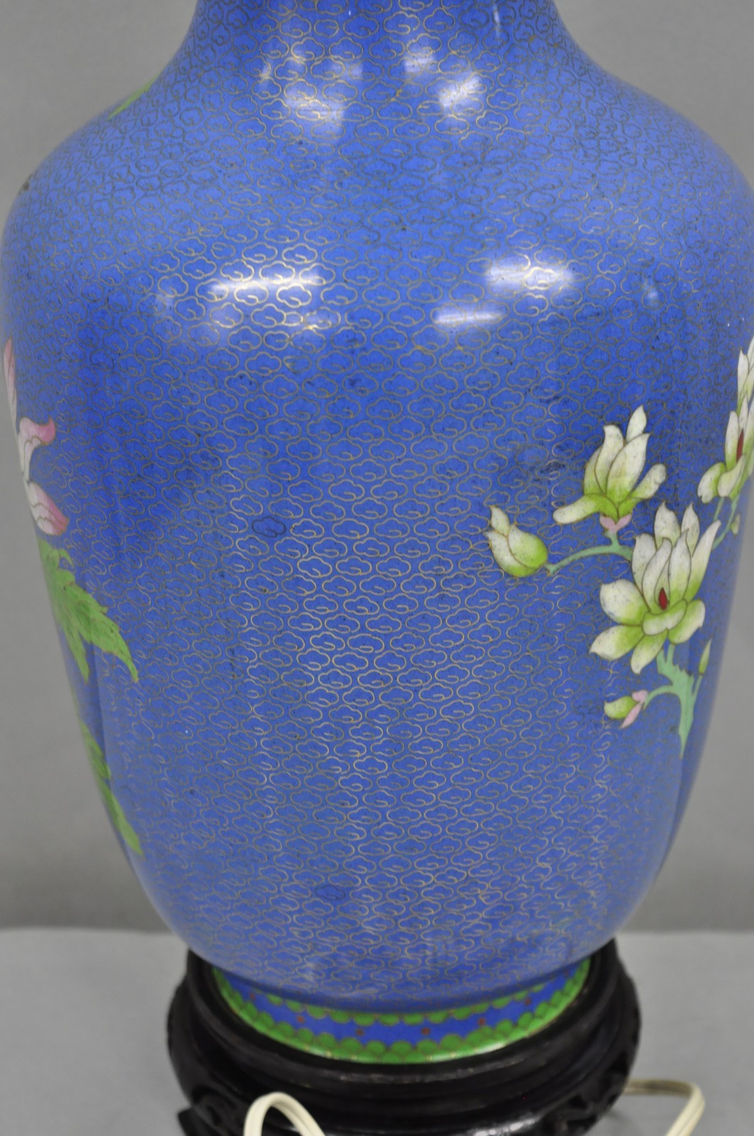 Vintage Chinoiserie Blue Cloisonné Enamel Oriental Brass Satsuma Vase Table Lamp