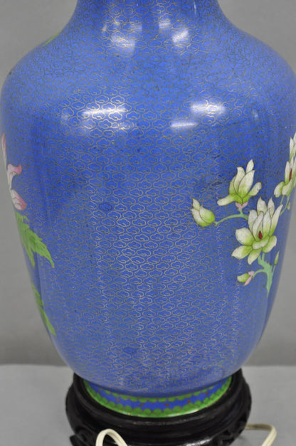 Vintage Chinoiserie Blue Cloisonné Enamel Oriental Brass Satsuma Vase Table Lamp