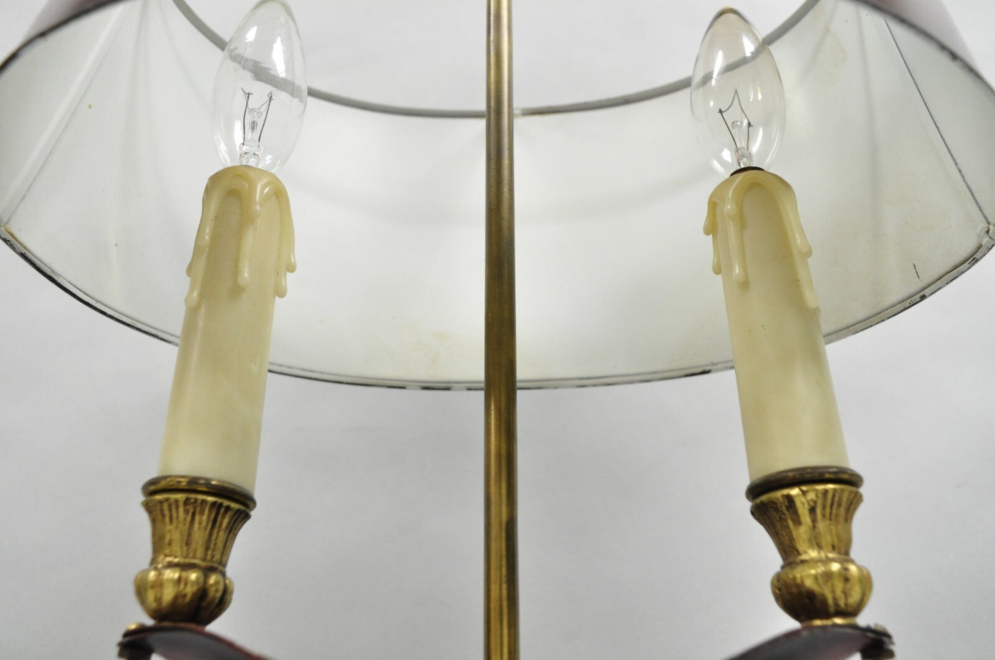 Vintage French Empire Red Painted Tole Metal Bouillotte Desk Table Lamp w/ Shade