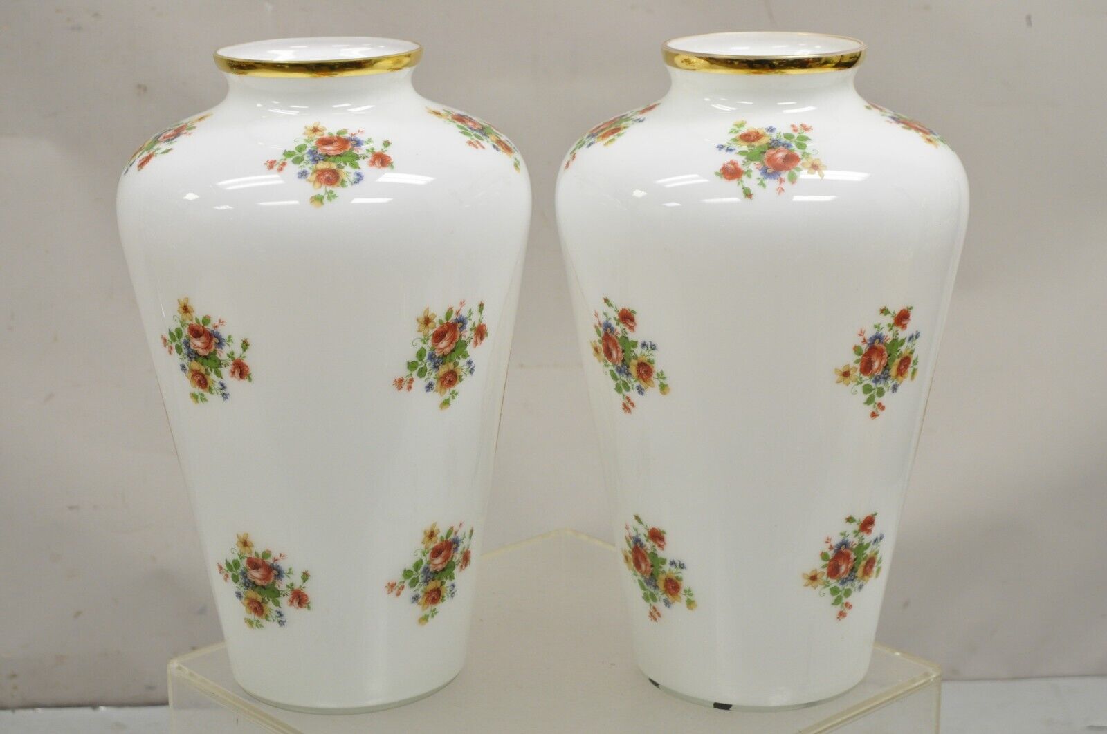 Vintage French Style Large White Blown Glass Transfer Scene Jar Vases - a Pair