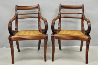 Vintage English Regency Style Cane Seat Mahogany Saber Leg Arm Chairs - a Pair