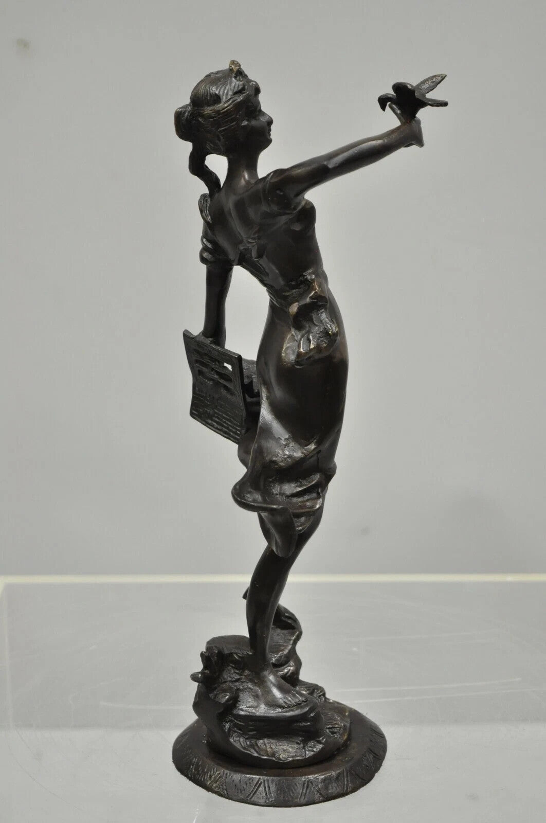 Vintage French Bronze Sculpture of Woman w/ Birds & Basket After Emile Guillemin