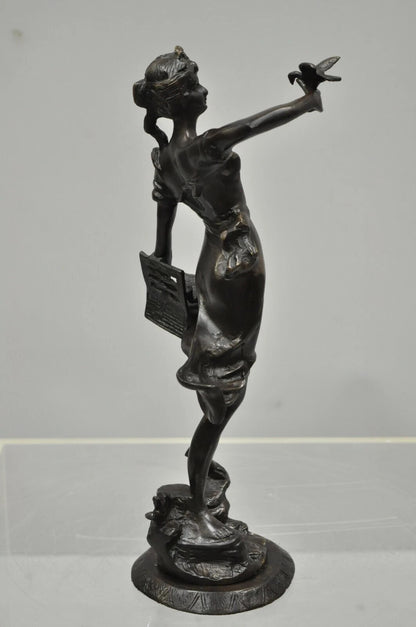 Vintage French Bronze Sculpture of Woman w/ Birds & Basket After Emile Guillemin