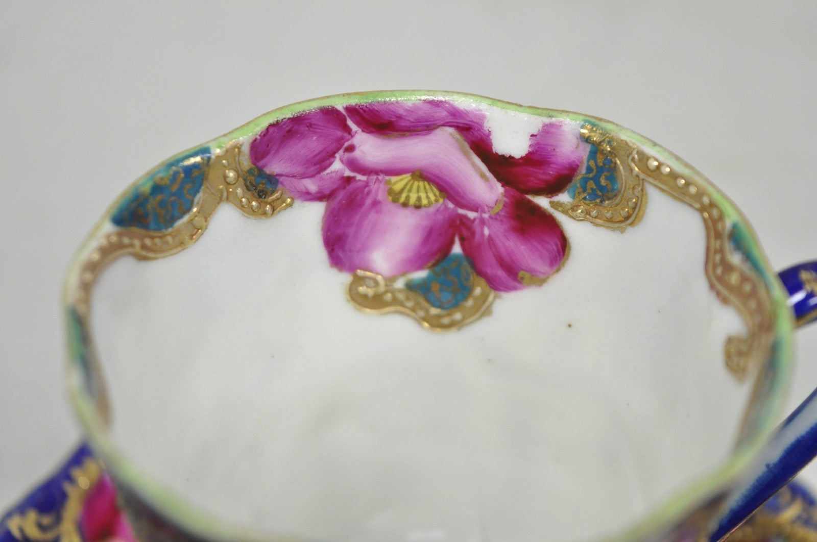 Antique Victorian Teacup & Saucer Cobalt Blue & Roses w/ Draped Gold Trim