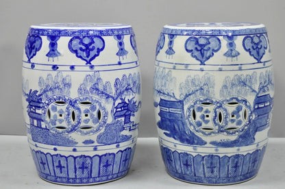 Vintage Chinese Oriental Blue & White Porcelain Garden Drum Seat Table - a Pair