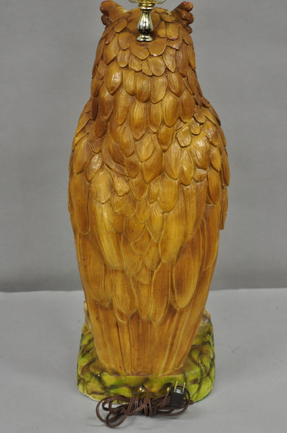 Vintage Mid Century Modern Large Chalkware Painted Owl Sculpture Table Lamp