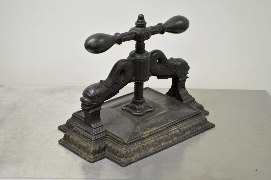 Antique 19th C. Cast Iron Classical Figural Dolphin Victorian Book Press