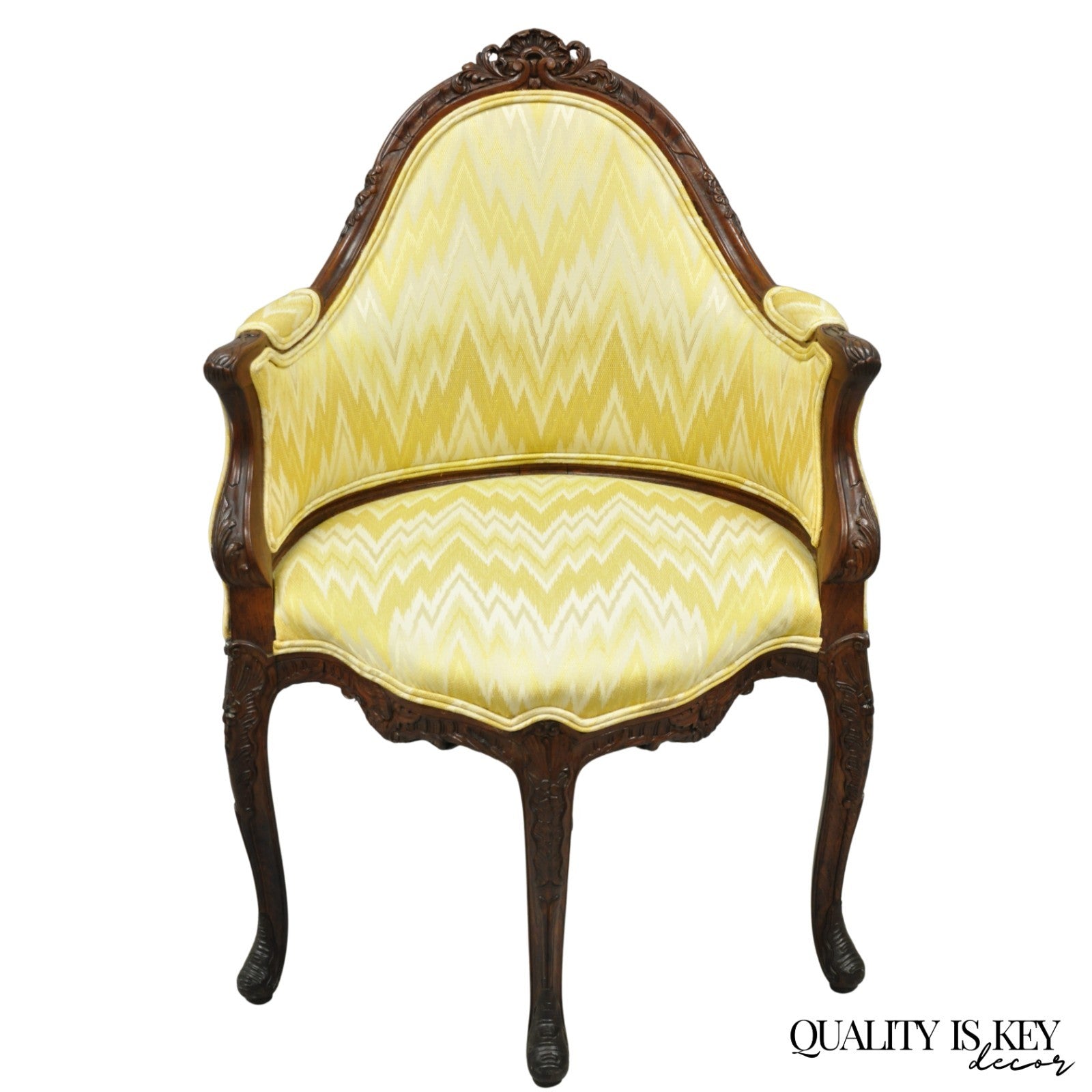 Antique French Louis XV Style Carved Walnut Yellow Fabric Boudoir Lounge Chair