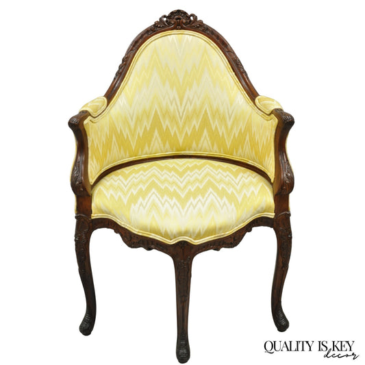 Antique French Louis XV Style Carved Walnut Yellow Fabric Boudoir Lounge Chair