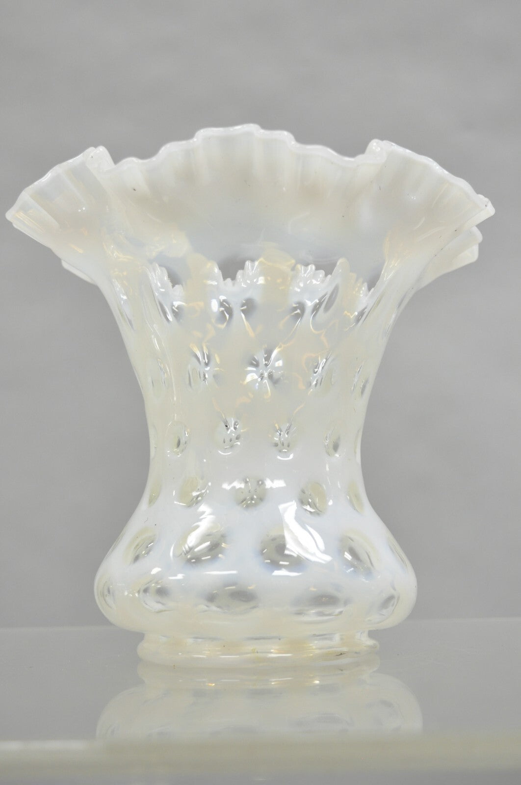 Vintage Fenton White Coin Dot Opalescent Art Glass Ruffle Edge Flower Vase