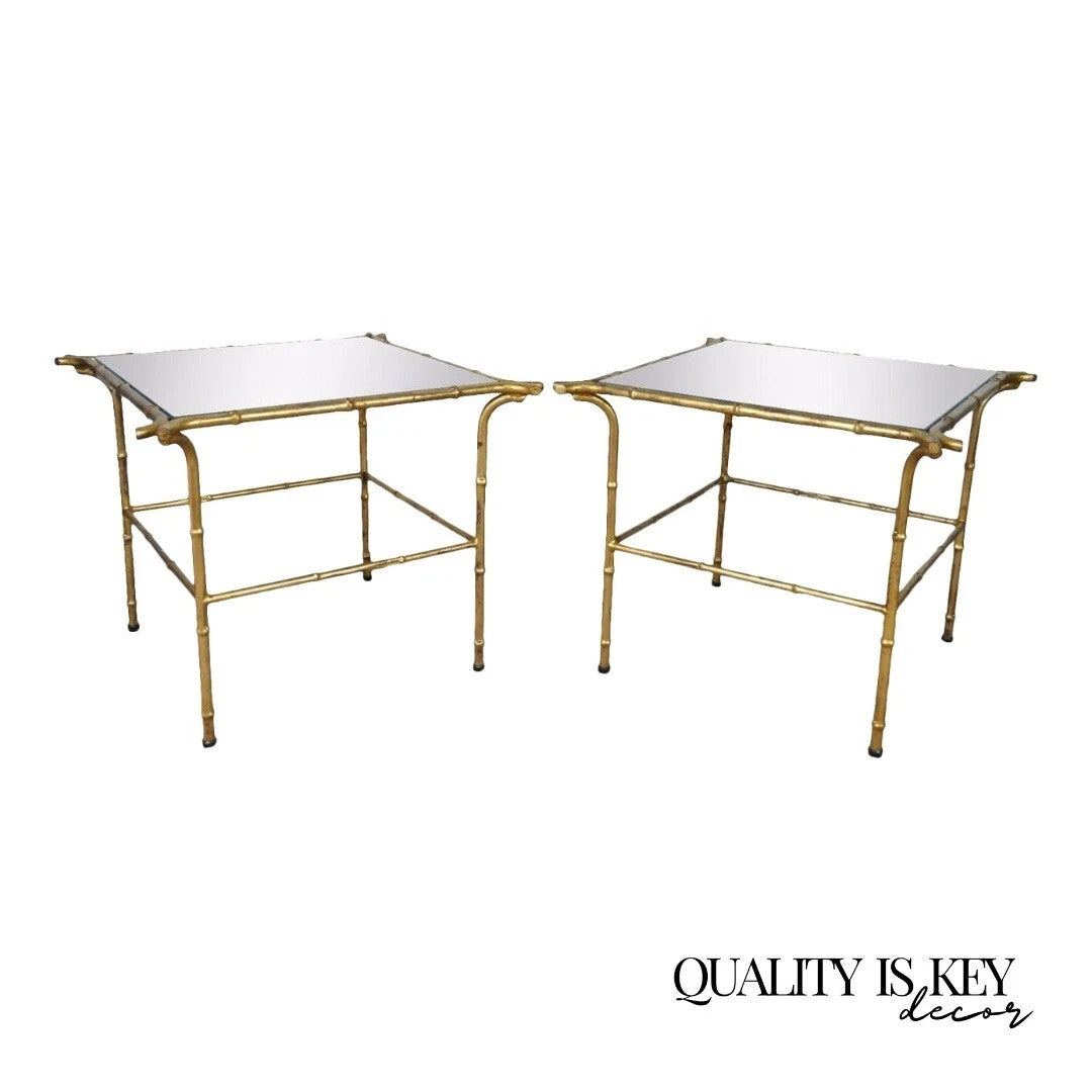 Vintage Italian Hollywood Regency Faux Bamboo Gold Mirror Low Side Tables - Pair