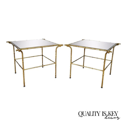 Vintage Italian Hollywood Regency Faux Bamboo Gold Mirror Low Side Tables - Pair