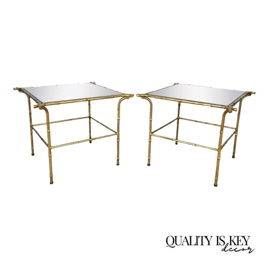 Vintage Italian Hollywood Regency Faux Bamboo Gold Mirror Low Side Tables - Pair