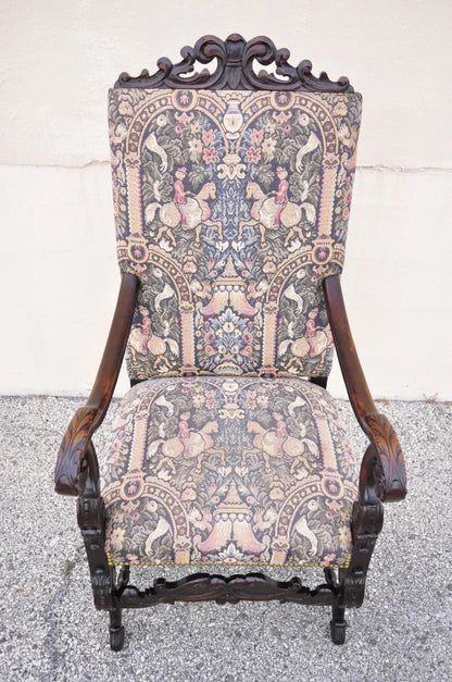Antique Italian Renaissance Baroque Tapestry Carved Walnut Throne Arm Chair