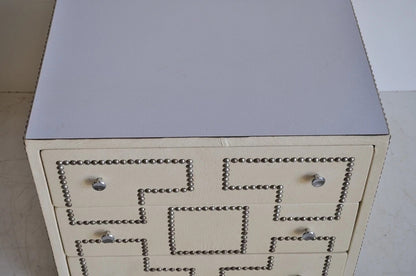 Vintage Hollywood Regency Studded Faux Leather Nightstand Table Campaign Chest