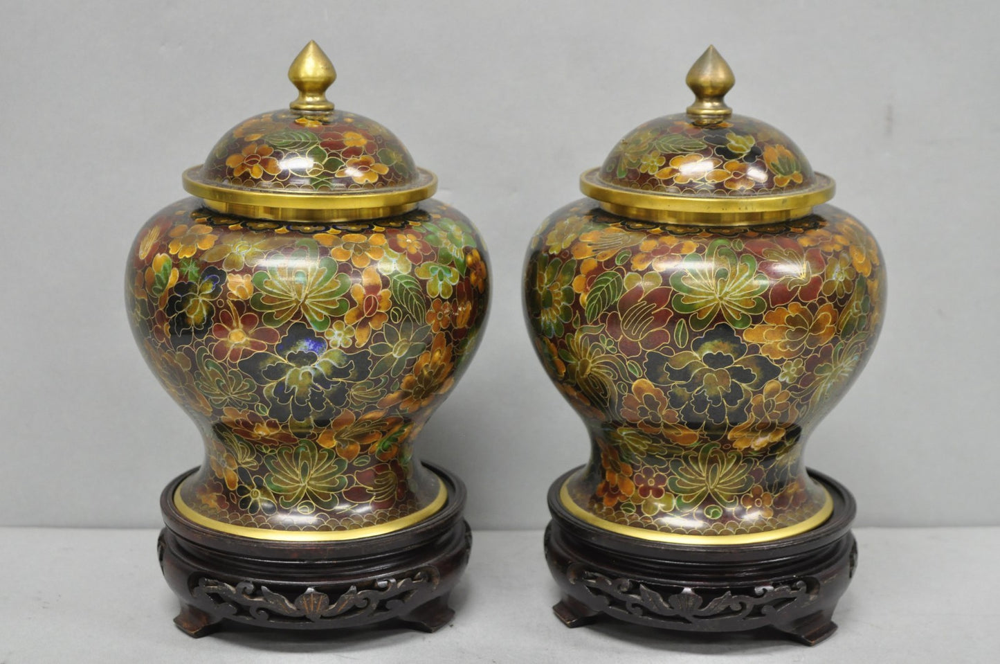 Vintage Cloisonné Chinese Small Enameled Brown Covered Ginger Jar on Stand, Pair