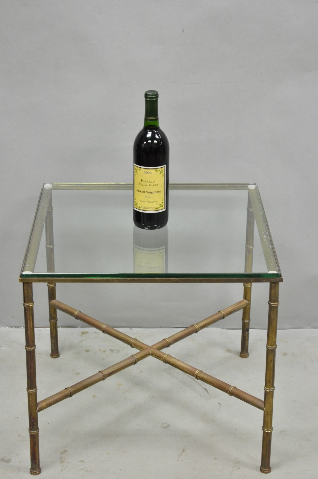Vintage Hollywood Regency Brass Faux Bamboo Square Glass Top Low Side Table