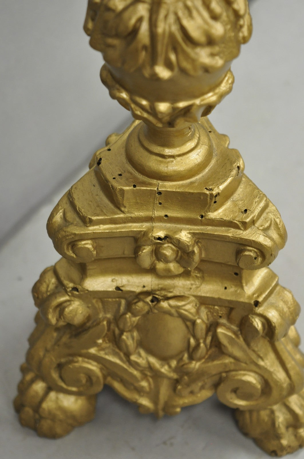 Antique 19th C Italian Neoclassical Carved Gold Giltwood Pricket Candlestick