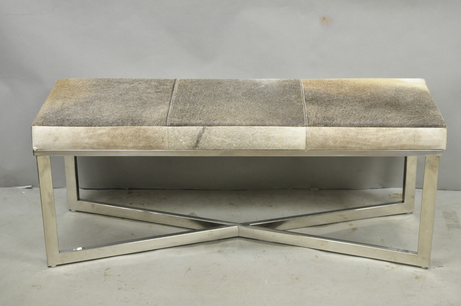Modern Leather Cowhide Silver Chrome Metal X-Frame Stretcher Base Bench