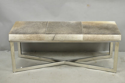 Modern Leather Cowhide Silver Chrome Metal X-Frame Stretcher Base Bench