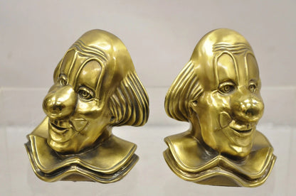 Vintage PM Craftsman Art Deco Brass Figural Clown Head Bookends - A Pair
