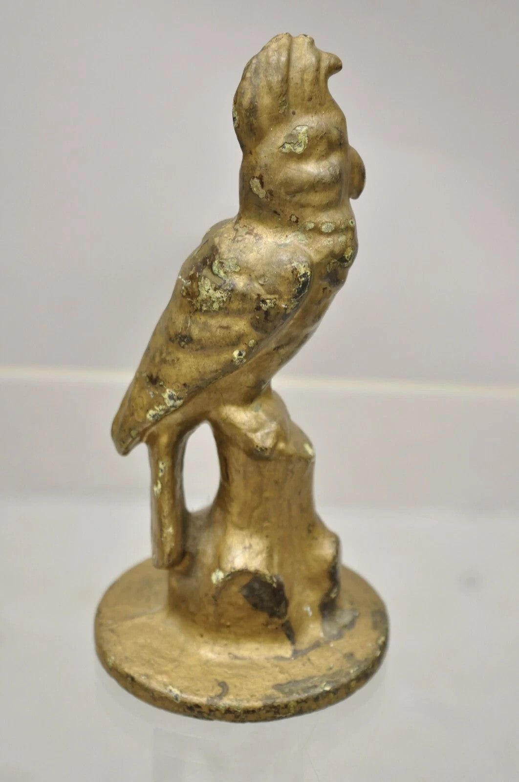 Antique Art Deco Cast Iron Gold Painted 7" Cockatoo Parrot Figurine Doorstop
