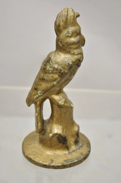 Antique Art Deco Cast Iron Gold Painted 7" Cockatoo Parrot Figurine Doorstop