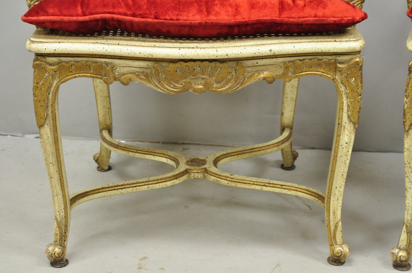 Vintage French Louis XV Style Cream Painted Carved Wood Cane Arm Chairs - a Pair